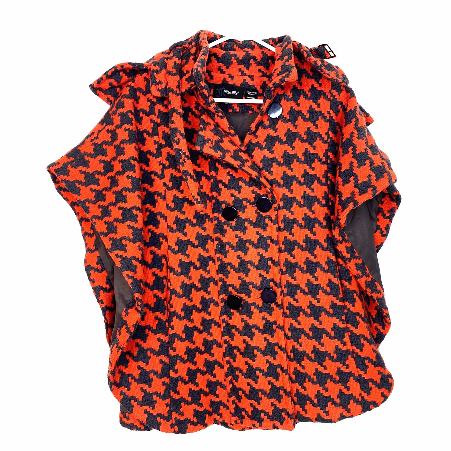 Miss Me Womens Button Up Shawl Coat, Orange / Houndstooth - Size XL