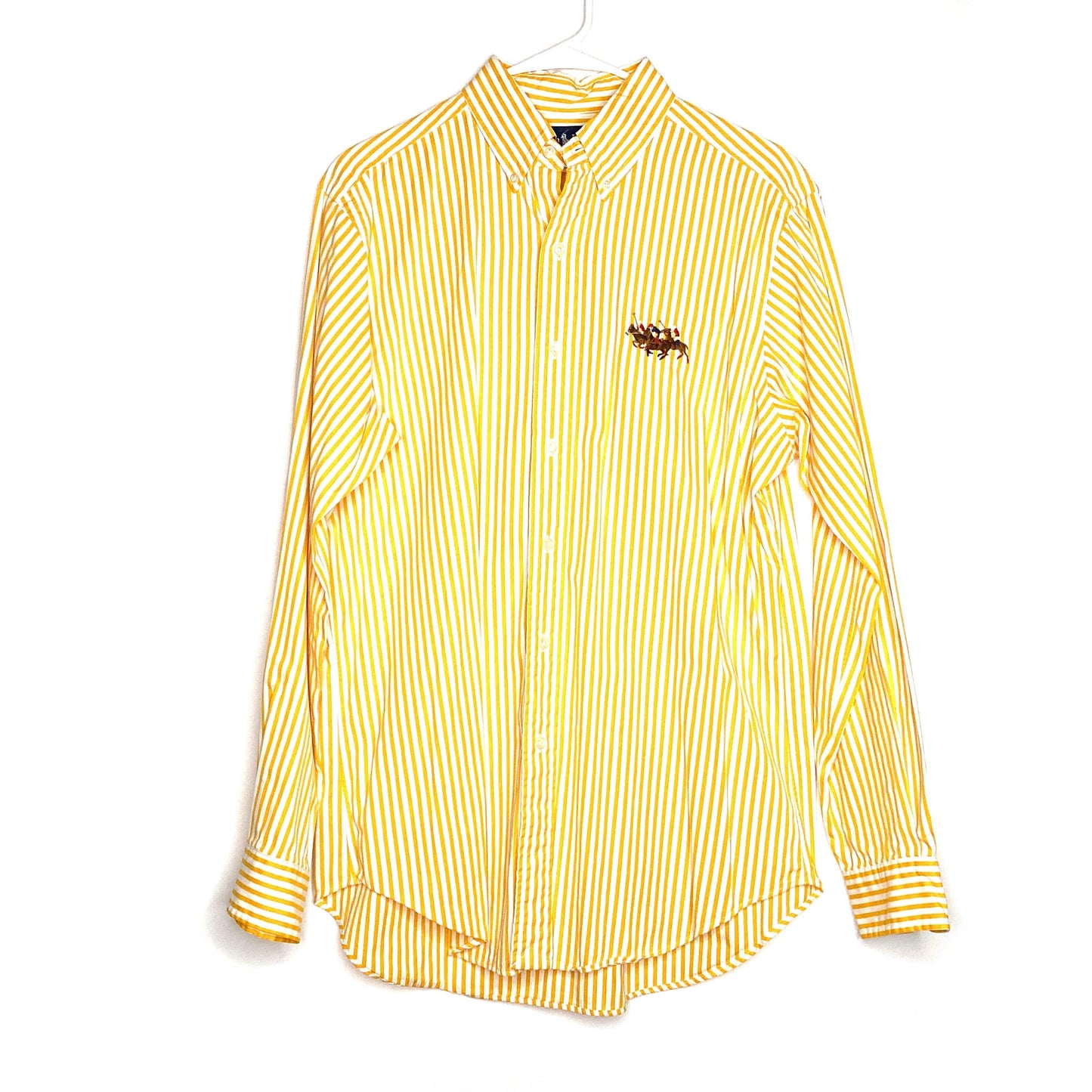 Ralph Lauren Mens Size M Yellow White Striped Classic Fit Dress Shirt Button-Up L/s