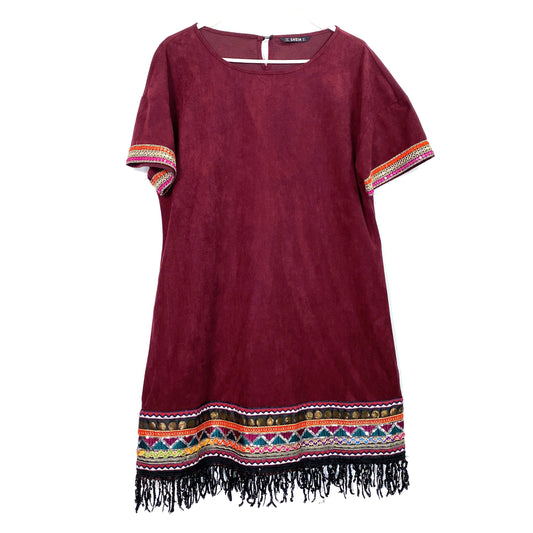 SHEIN Womens Size L Merlot Sequin Fringe Hem Tribal Tape Detail Suedette Dress