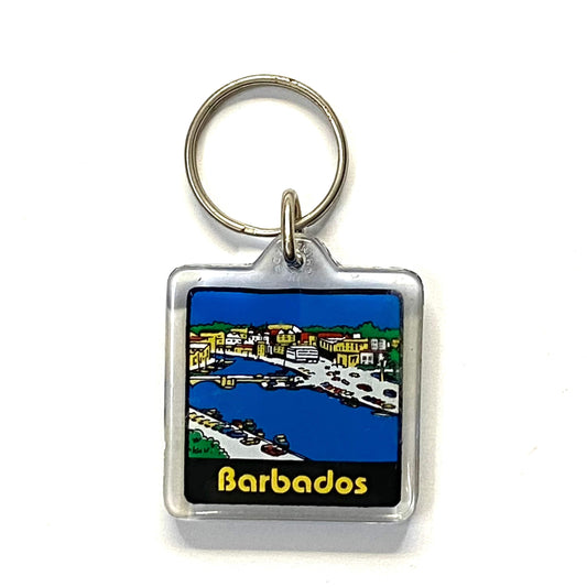 Vintage Barbados Port of Travel Souvenir Keychain Key Ring Square Clear Acrylic