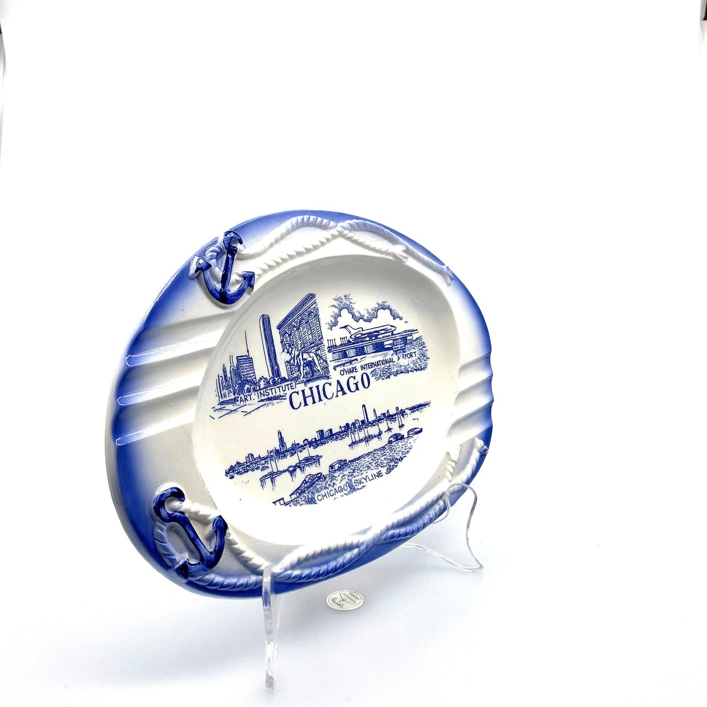 Vintage Chicago Skyline Porcelain Ashtray Travel Souvenir Collectible 6” Blue White