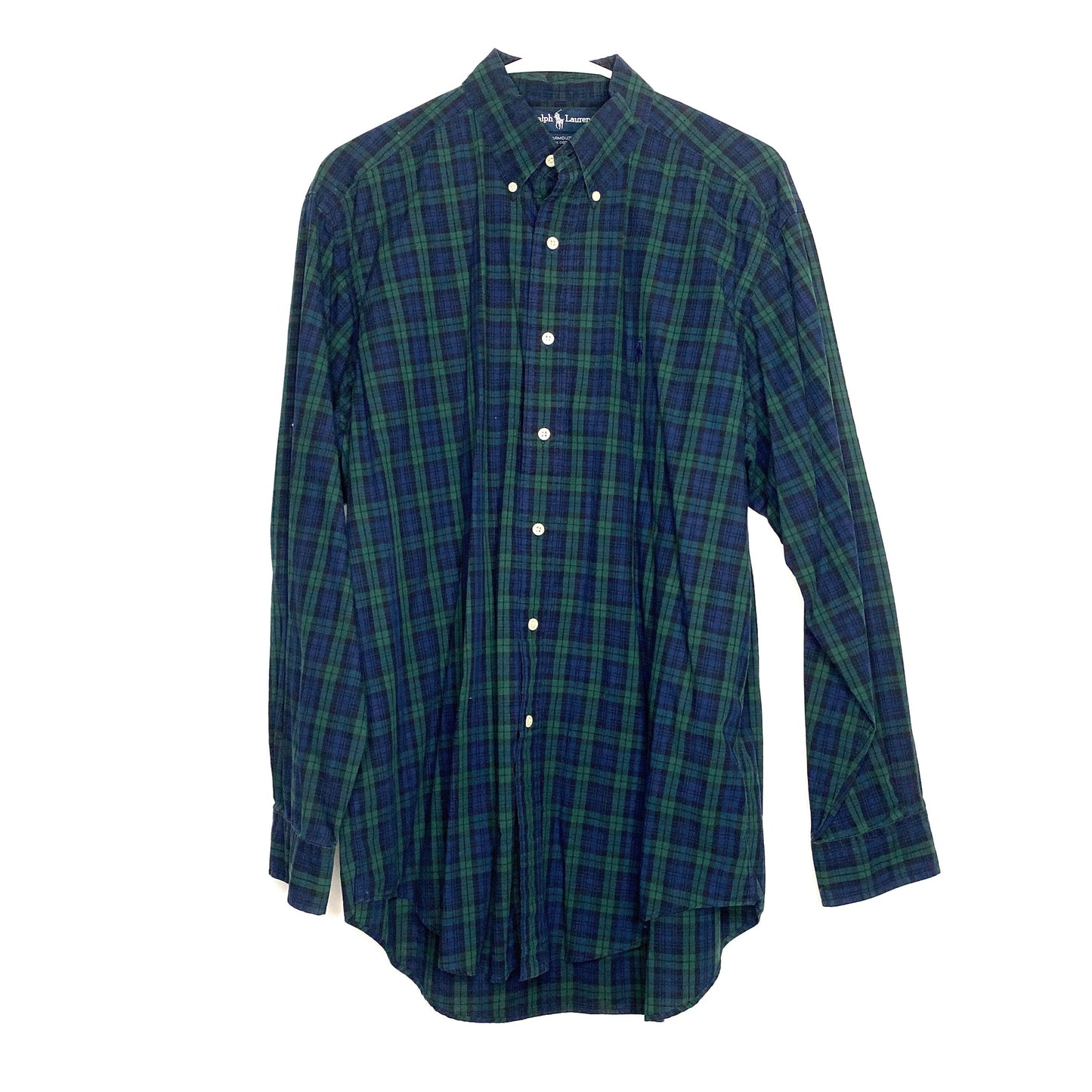 Ralph Lauren Mens Size 16 34/35 M Blue Green Plaid Yarmouth Dress Shirt Button-Up L/s