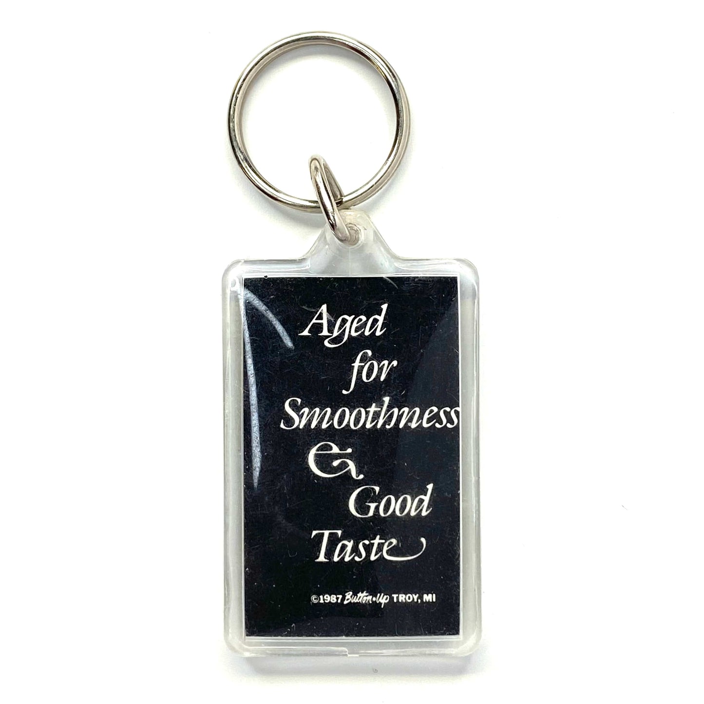 Vintage Novelty Keychain “Aged for Smoothness Good Taste” Key Ring Rectangle Clear Acrylic