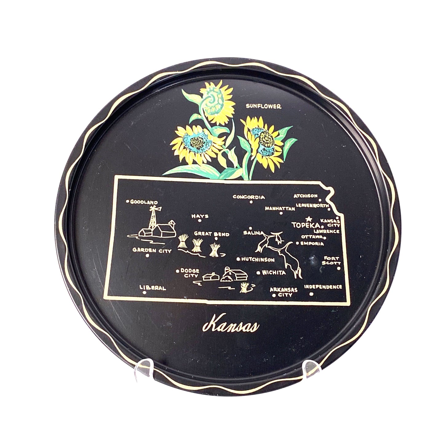 State of Kansas Decorative Serving Tray Black Map Points of Interest