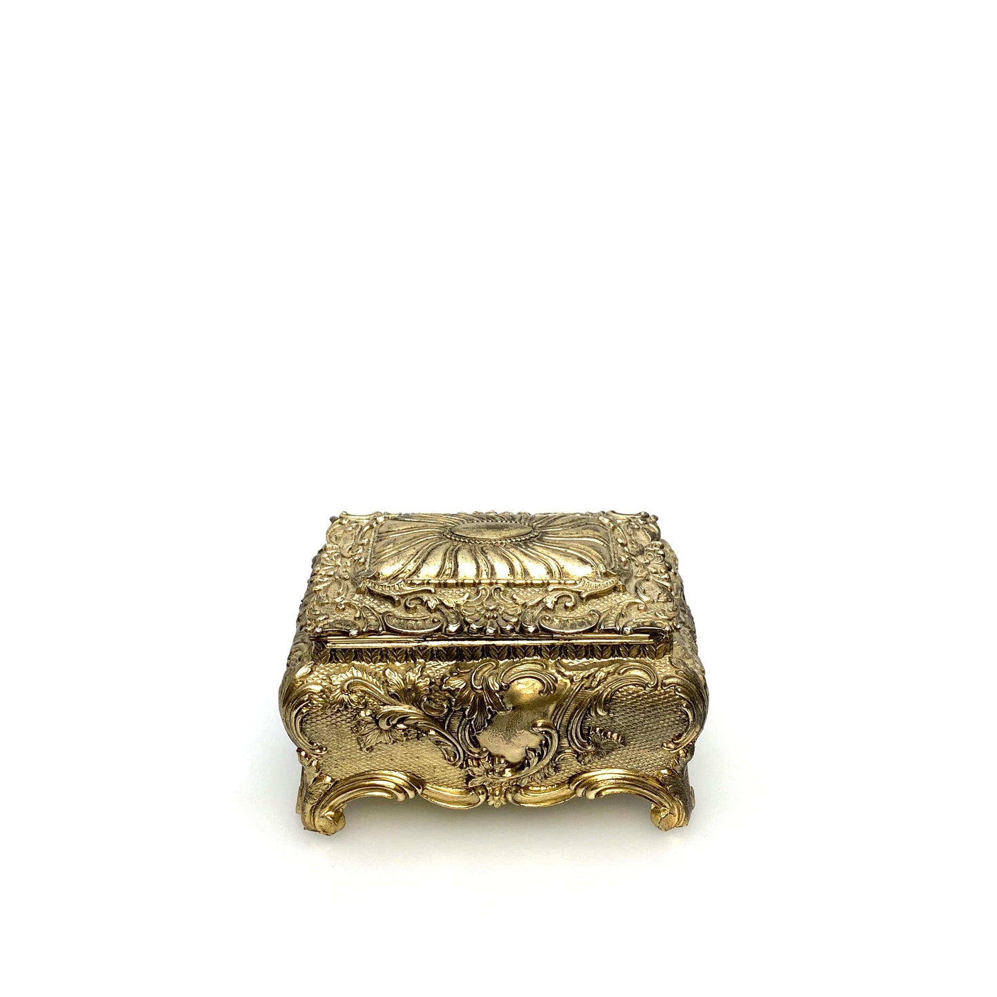 Vintage Ornate Gold Metal Casket Jewelry Box Art Floral Trinket Footed Vanity Accessory