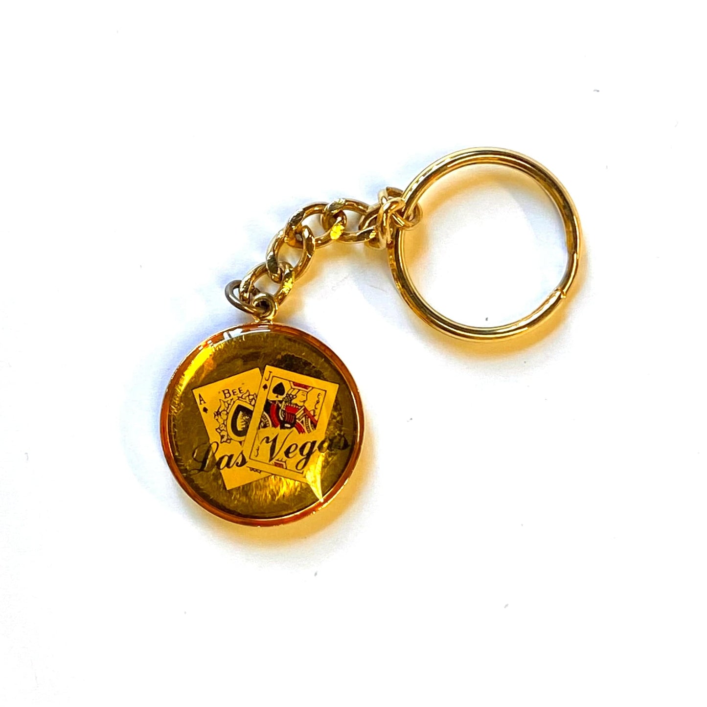 Vintage “Las Vegas” Playing Cards Enamel Souvenir Keychain Key Ring Metal Gold