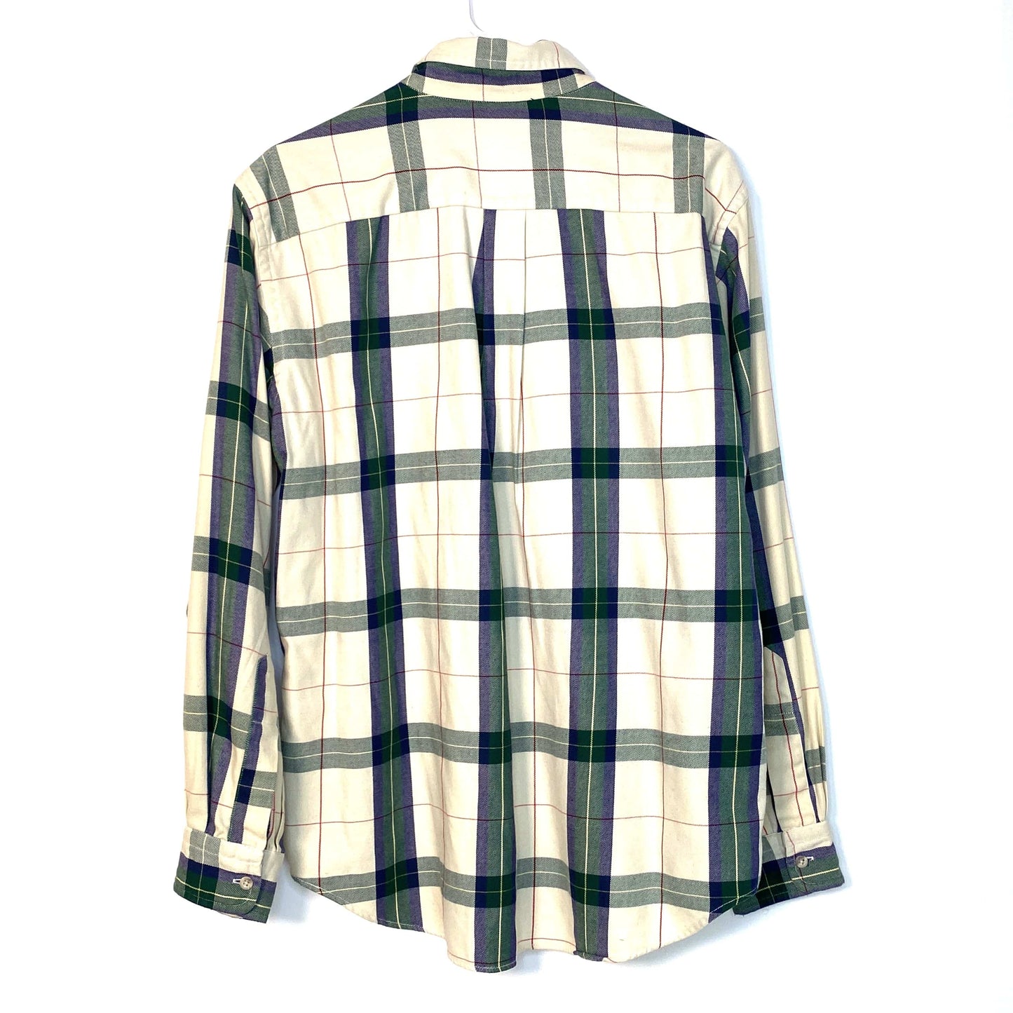 LL Bean Mens Size L Ivory Green Blue Plaid Flannel Button-Up Shirt L/s