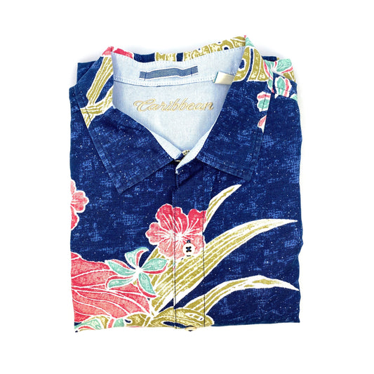 Caribbean Mens Size XL Blue Hawaiian Shirt Tropical Pattern Long Sleeve