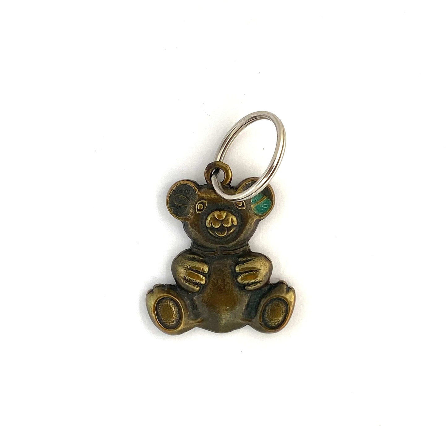 Vintage Metal Brown Teddy Bear Keychain Key Ring Charm
