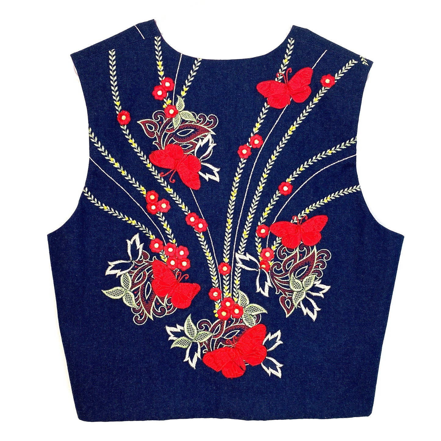 Womens Handmade Size L Blue Denim Flowers Butterflies Vest