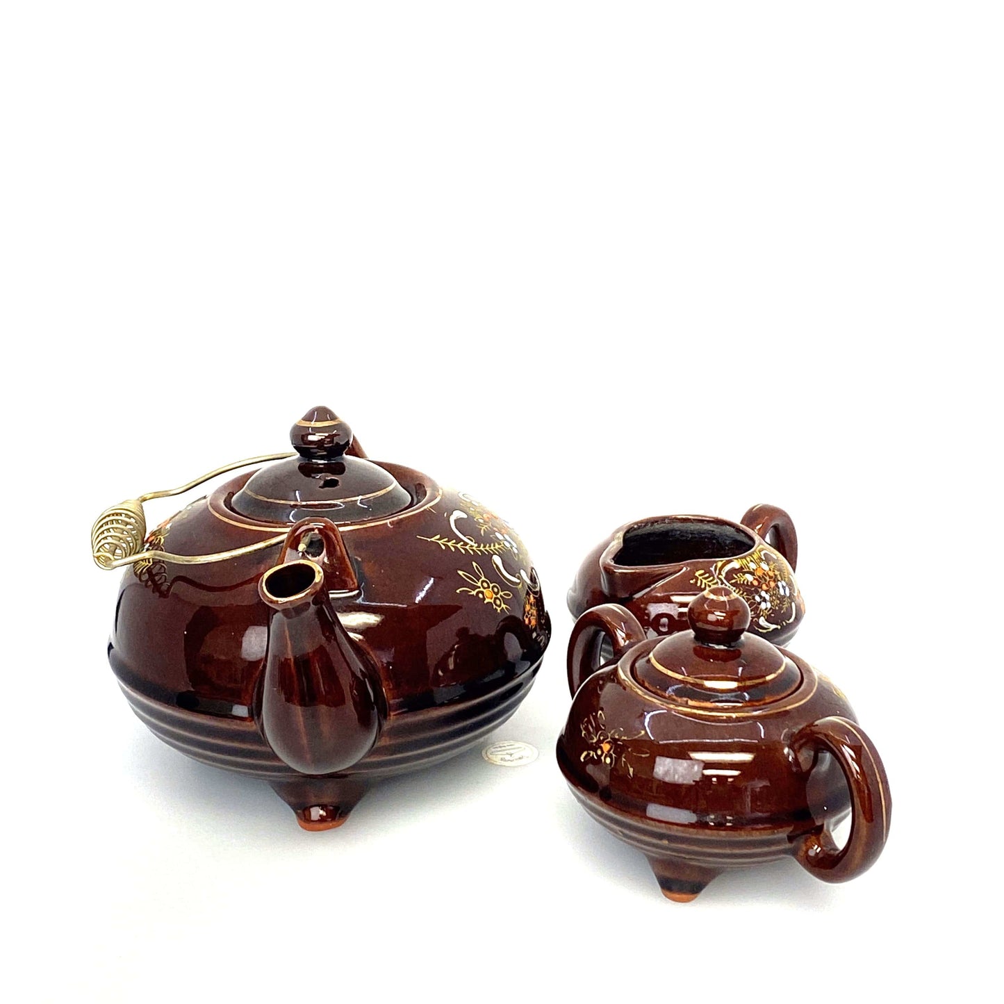 Vintage Redware Brown Betty Moriage Tea Pot Cream Sugar Bowl Set Japan 1960’s Hand-Painted